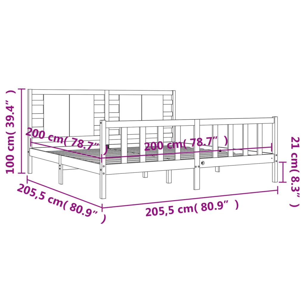 vidaXL Okvir za krevet s uzglavljem sivi 200 x 200 cm od masivnog drva