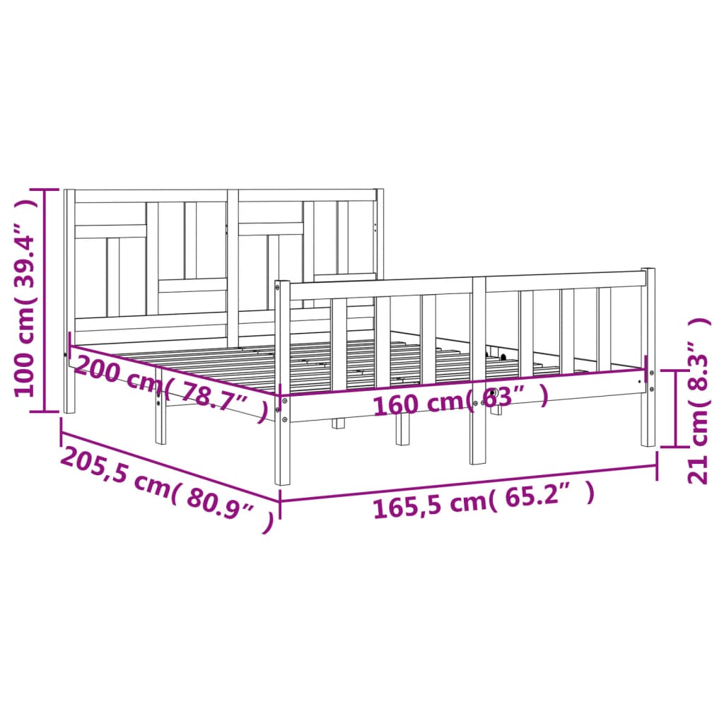 vidaXL Okvir za krevet s uzglavljem sivi 160 x 200 cm od masivnog drva