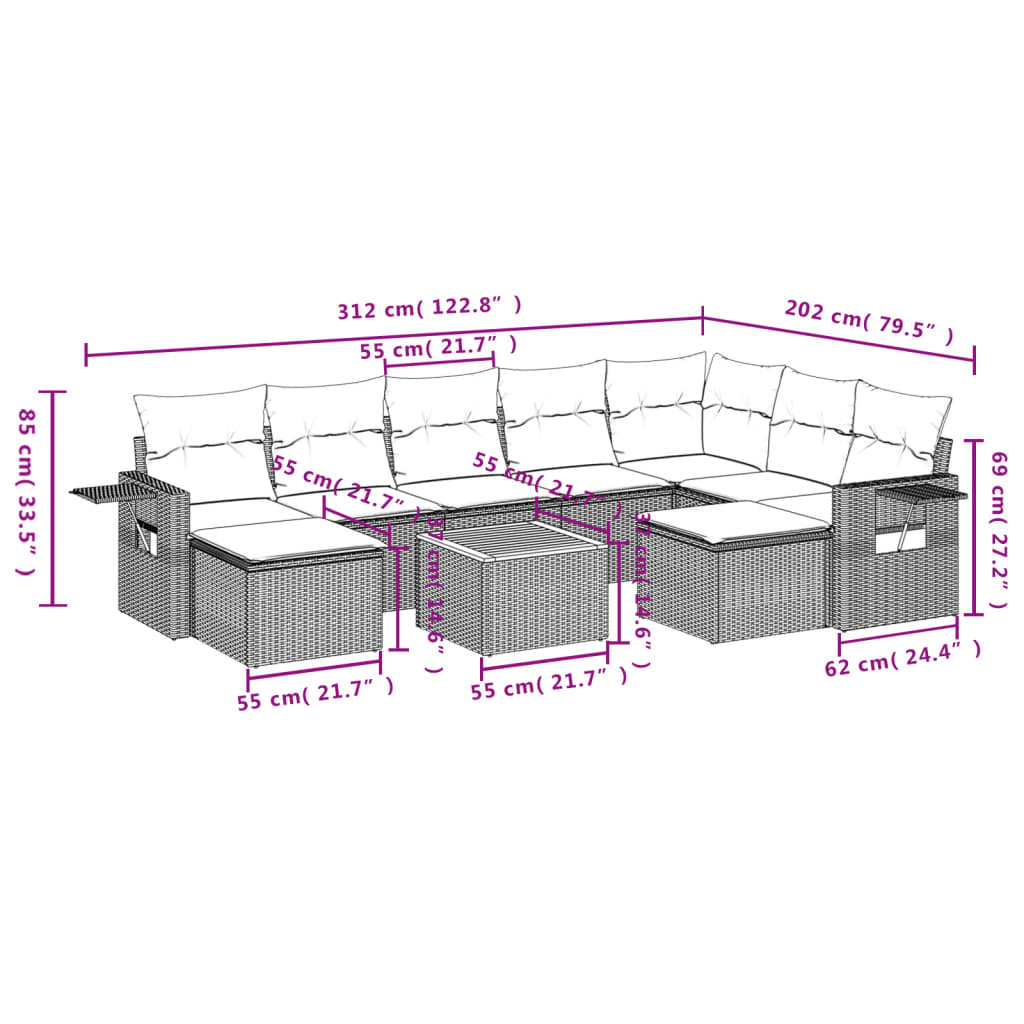 vidaXL 10-dijelni set vrtnih sofa s jastucima crni od poliratana