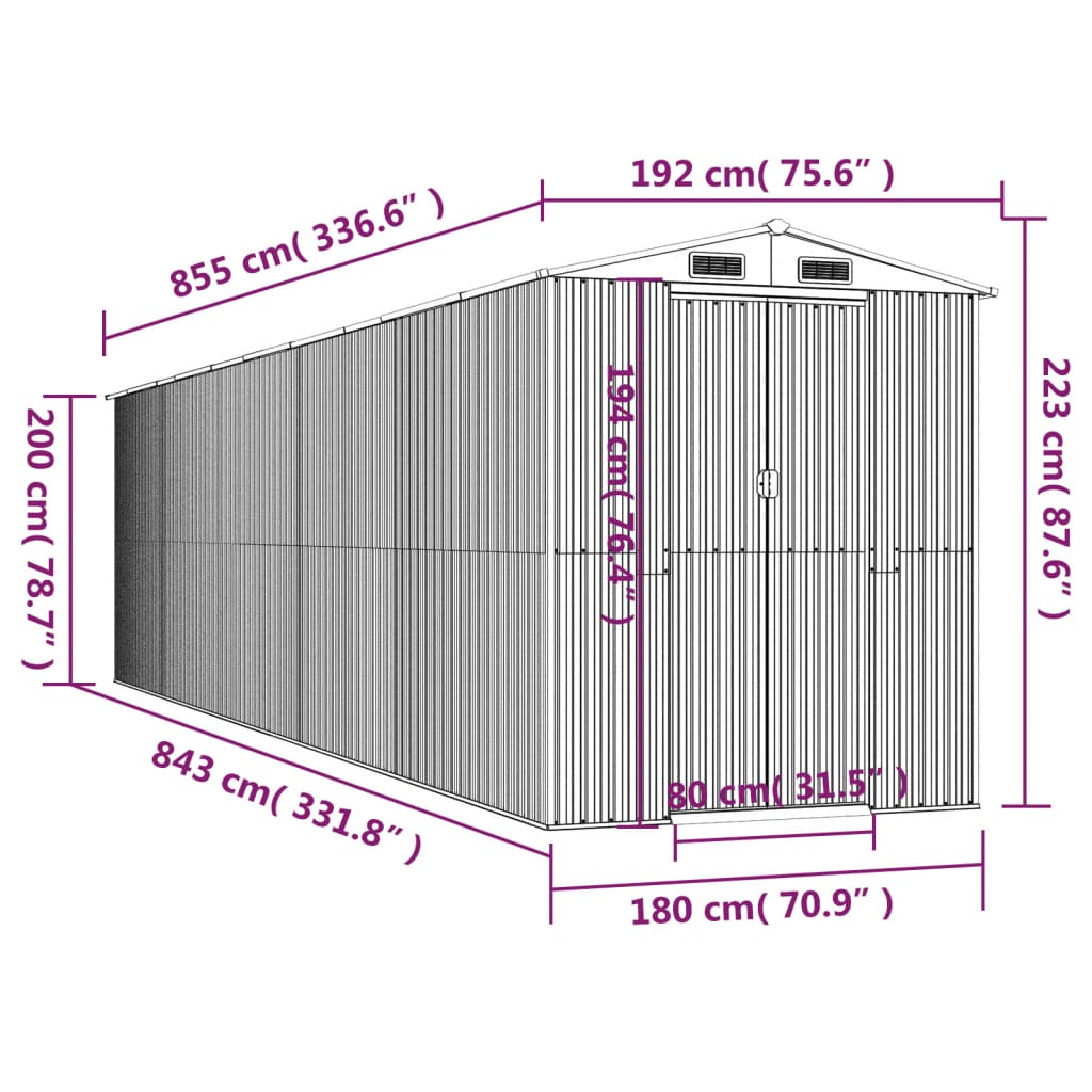 vidaXL Vrtno spremište tamnosmeđe 192x855x223 cm pocinčani čelik