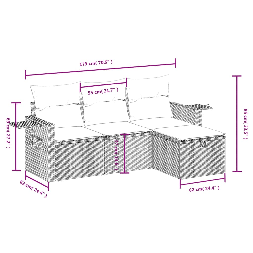 vidaXL 4-dijelni set vrtnih sofa od poliratana s jastucima crni