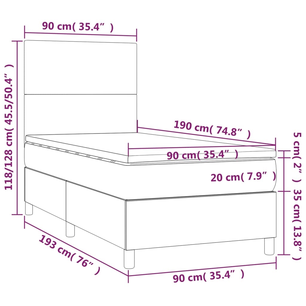 vidaXL Krevet box spring s madracem LED tamnosivi 90x190 cm tkanina