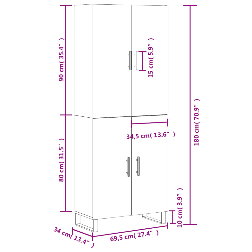 vidaXL Visoka komoda siva betona 69,5x34x180 cm od konstruiranog drva