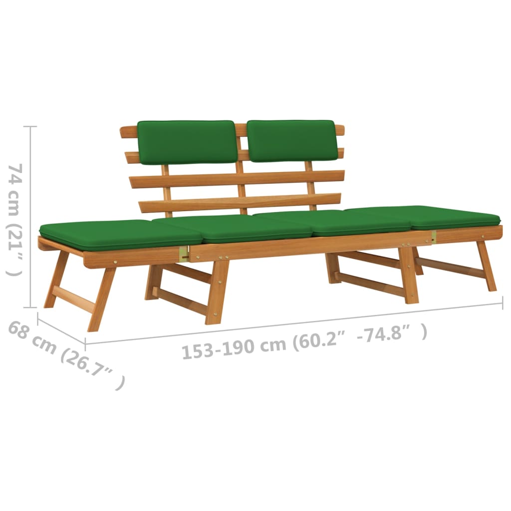 vidaXL Vrtna klupa s jastucima 2-u-1 190 cm masivno bagremovo drvo