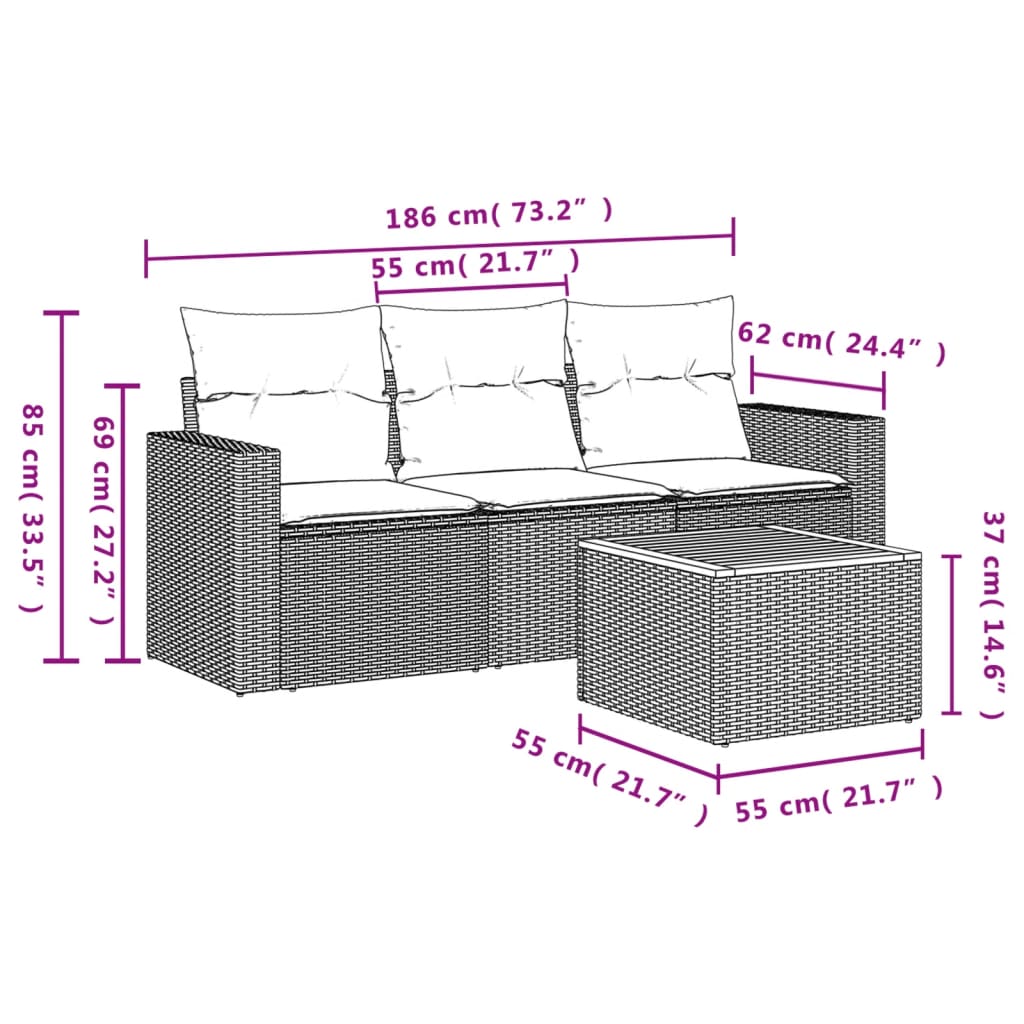 vidaXL 4-dijelni set vrtnih sofa od poliratana s jastucima crni