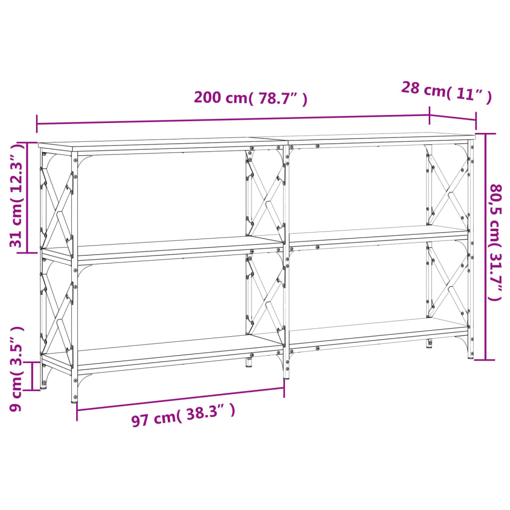 vidaXL Konzolni stol siva boja hrasta 200x28x80,5 cm konstruirano drvo