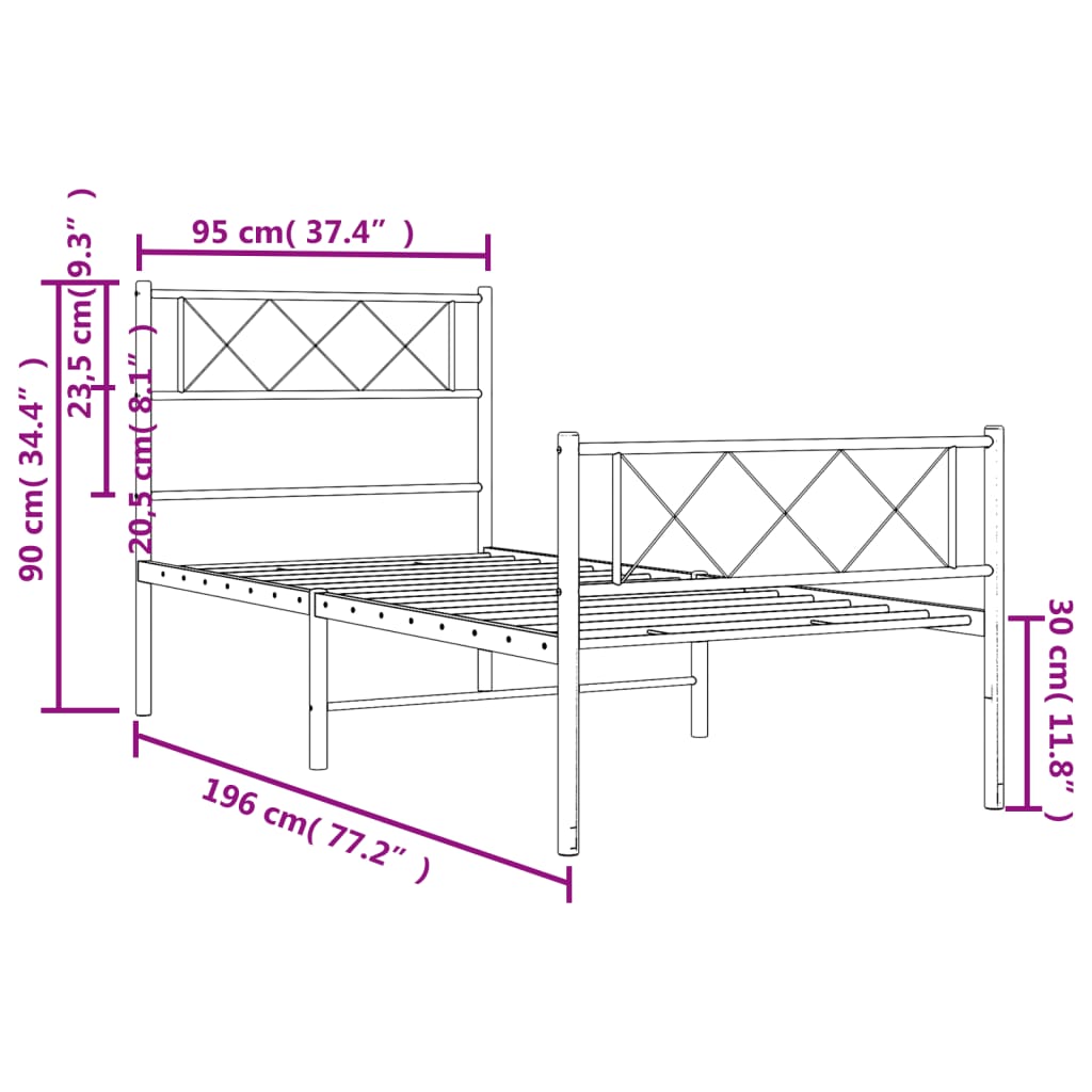 vidaXL Metalni okvir kreveta uzglavlje i podnožje bijeli 90x190 cm