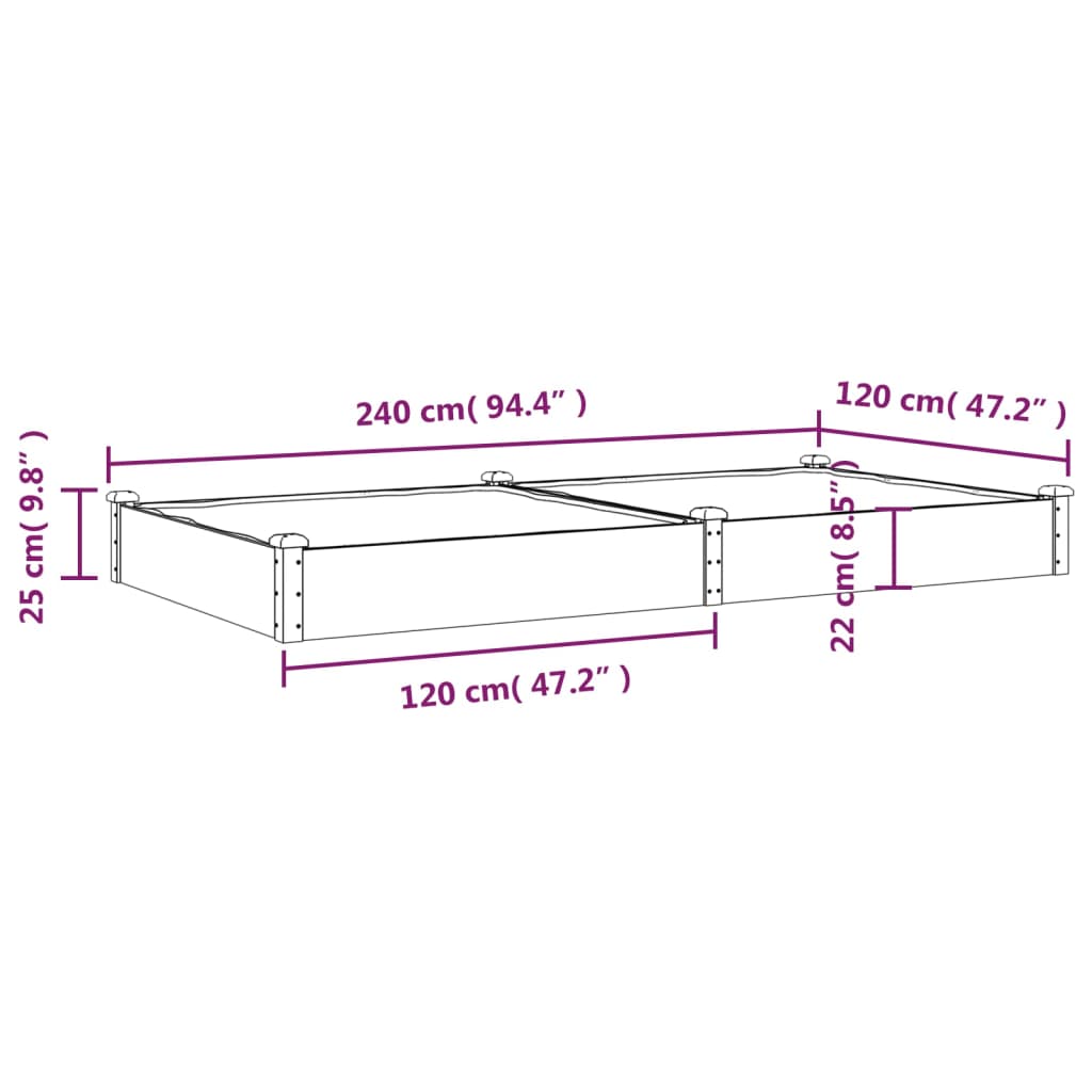 vidaXL Povišena vrtna gredica s oblogom smeđa 240x120x25 cm jelovina