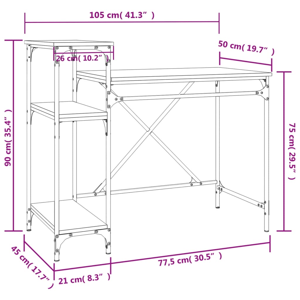 vidaXL Radni stol s policama boja hrasta 105x50x90 cm drvo i željezo