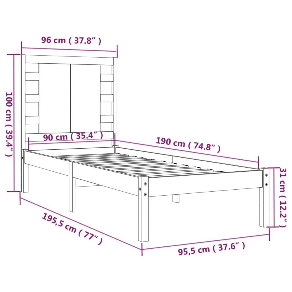 vidaXL Okvir za krevet crni masivno drvo 90 x 190 cm 3FT jednokrevetni