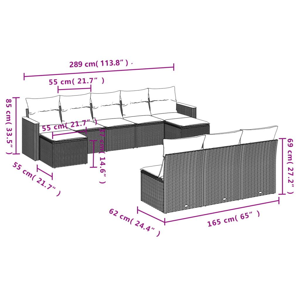 vidaXL 10-dijelni set vrtnih sofa od poliratana s jastucima sivi