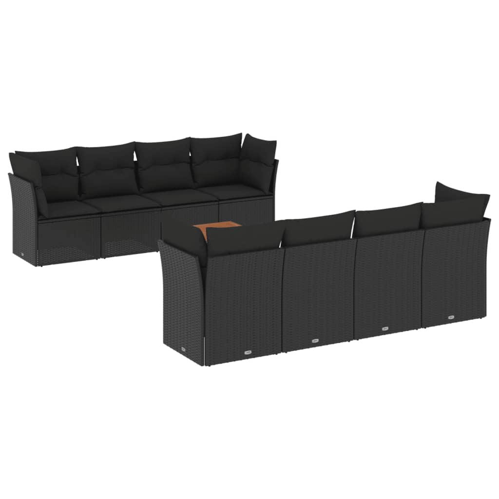 vidaXL 9-dijelni set vrtnih sofa s jastucima crni od poliratana