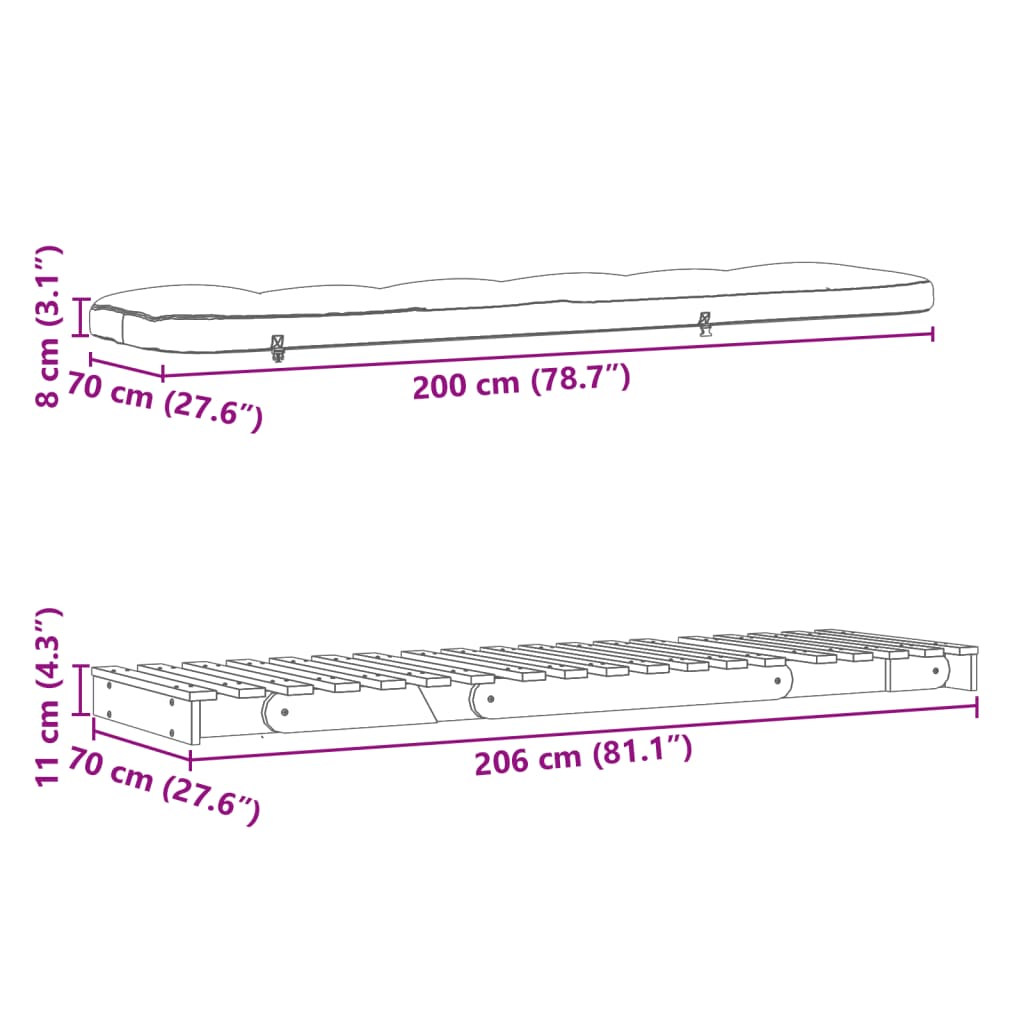 vidaXL Futon na razvlačenje s madracem bijeli 70x206x11 cm borovina