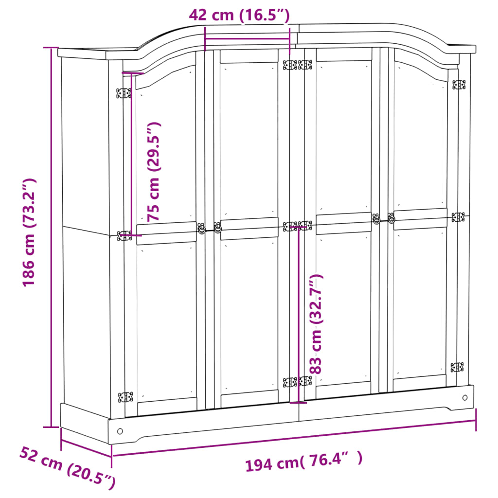 vidaXL Ormar Corona 194 x 52 x 186 cm od masivne borovine