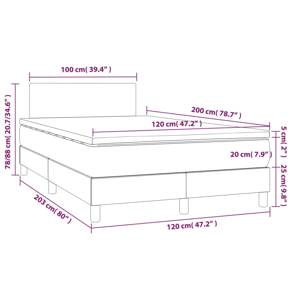 vidaXL Krevet box spring s madracem LED sivi 120x200cm od umjetne kože