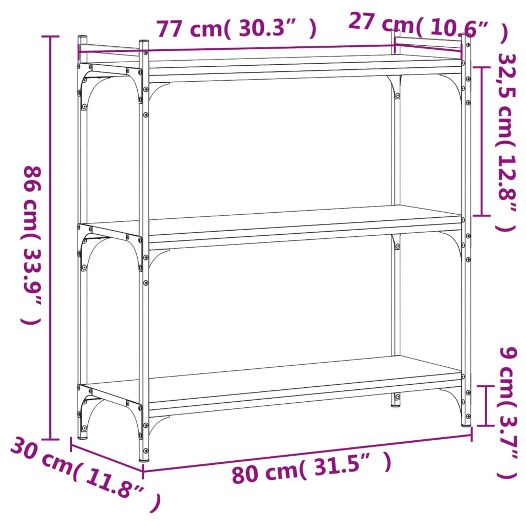 vidaXL Regal za knjige s 3 razine boja hrasta 80 x 30 x 86 cm drveni