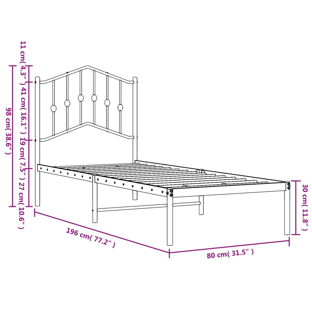 vidaXL Metalni okvir za krevet s uzglavljem crni 75x190 cm