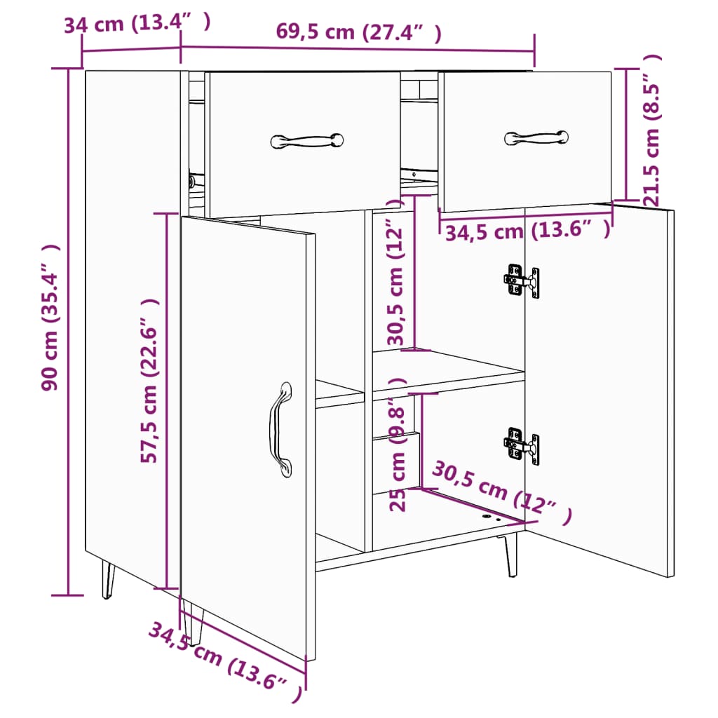 vidaXL Komoda boja dimljenog hrasta 69,5x34x90 cm konstruirano drvo