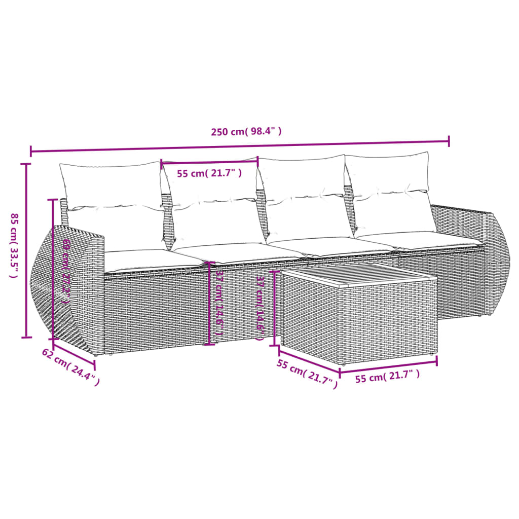 vidaXL 5-dijelni vrtni set sofa s jastucima bež od poliratana