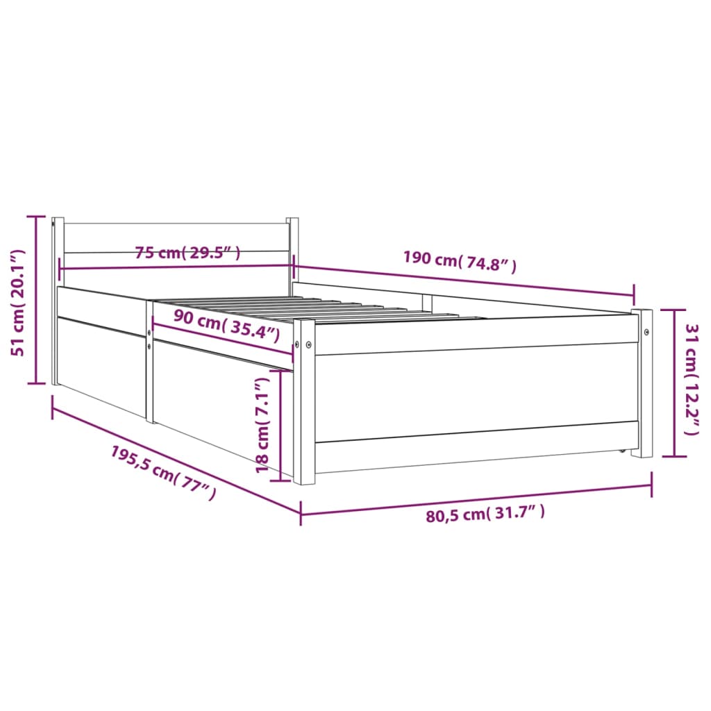 vidaXL Okvir za krevet s ladicama bijeli 75 x 190 cm 2FT6 mali