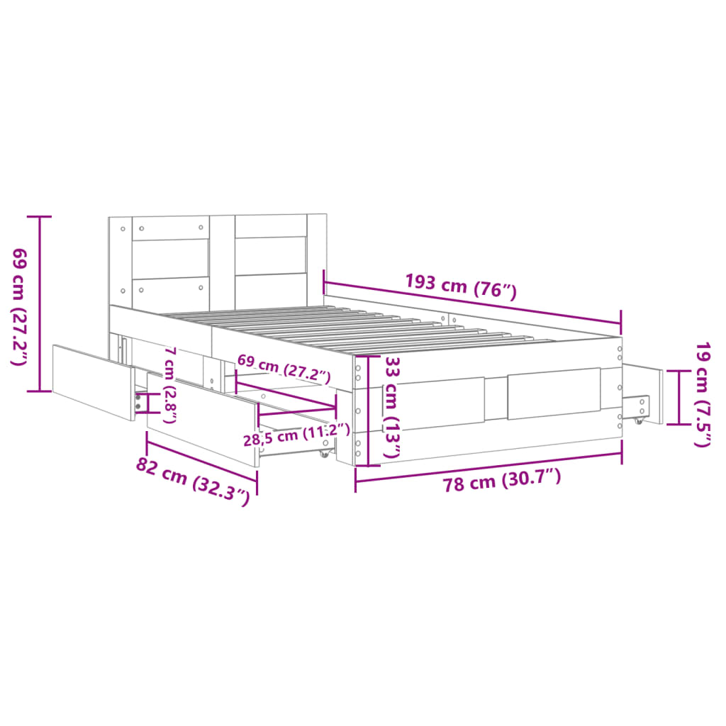 vidaXL Okvir za krevet s uzglavljem crni 75x190 cm konstruirano drvo