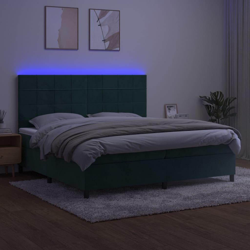 vidaXL Krevet box spring s madracem LED tamnozeleni 200x200 cm baršun