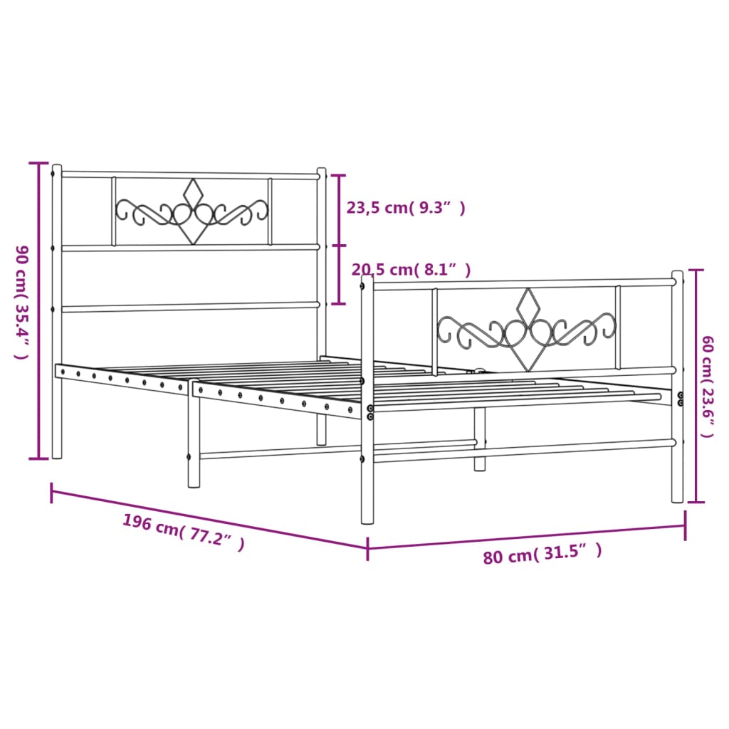 vidaXL Metalni okvir kreveta uzglavlje i podnožje bijeli 75x190 cm