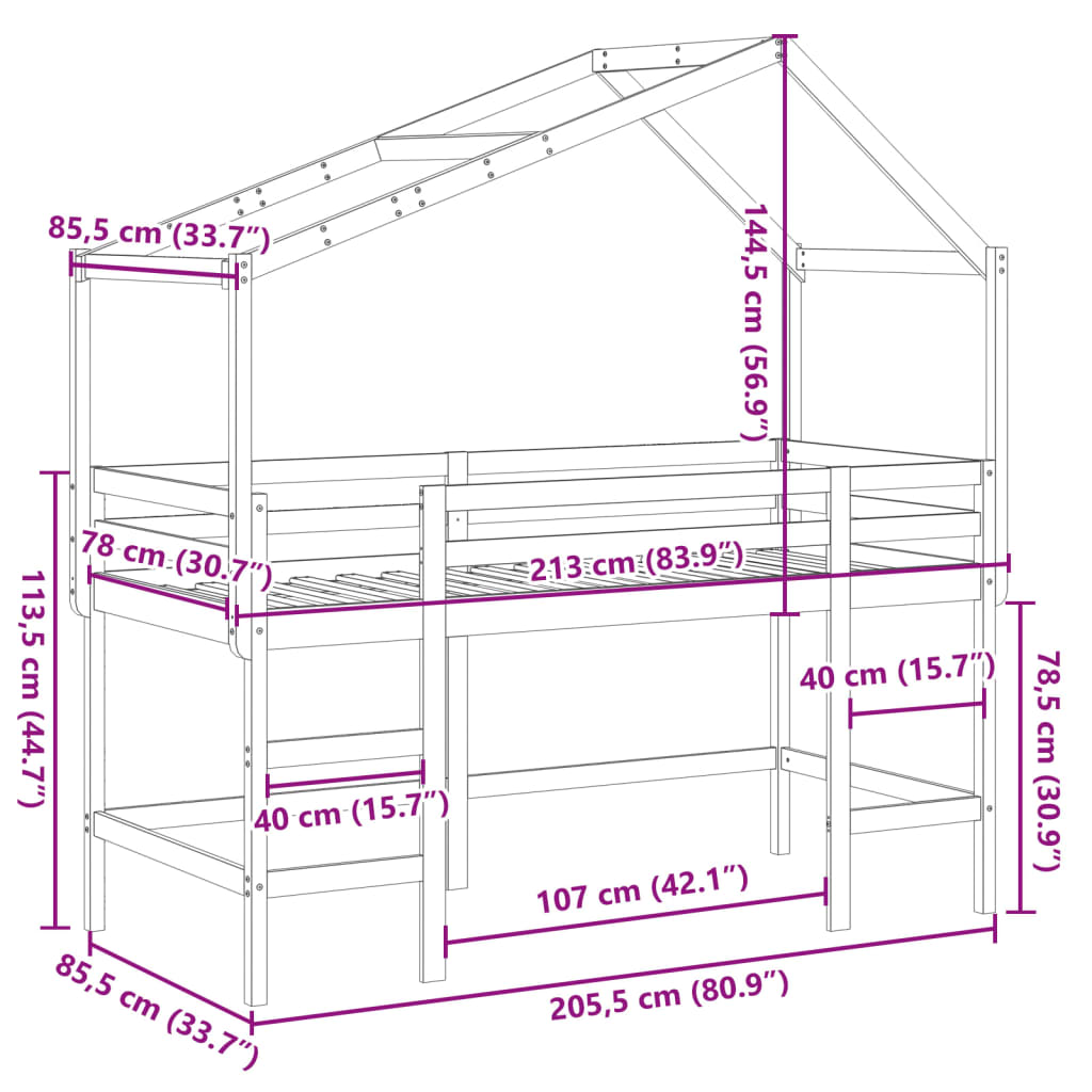 vidaXL Krevet na kat s ljestvama i krovom bijeli 80x200 cm od borovine