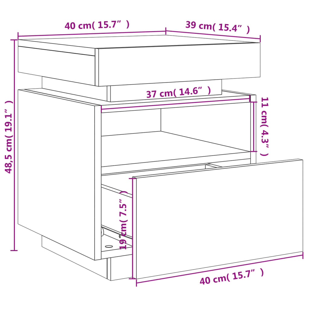 vidaXL Noćni ormarić s LED svjetlima boja dimljenog hrasta 40x39x48,5