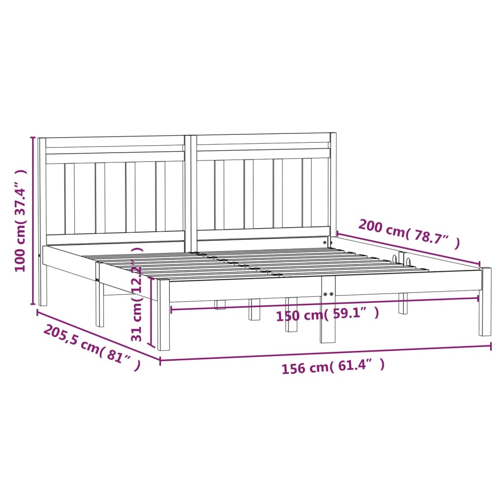 vidaXL Okvir za krevet od masivnog drva crni 150 x 200 cm 5FT King