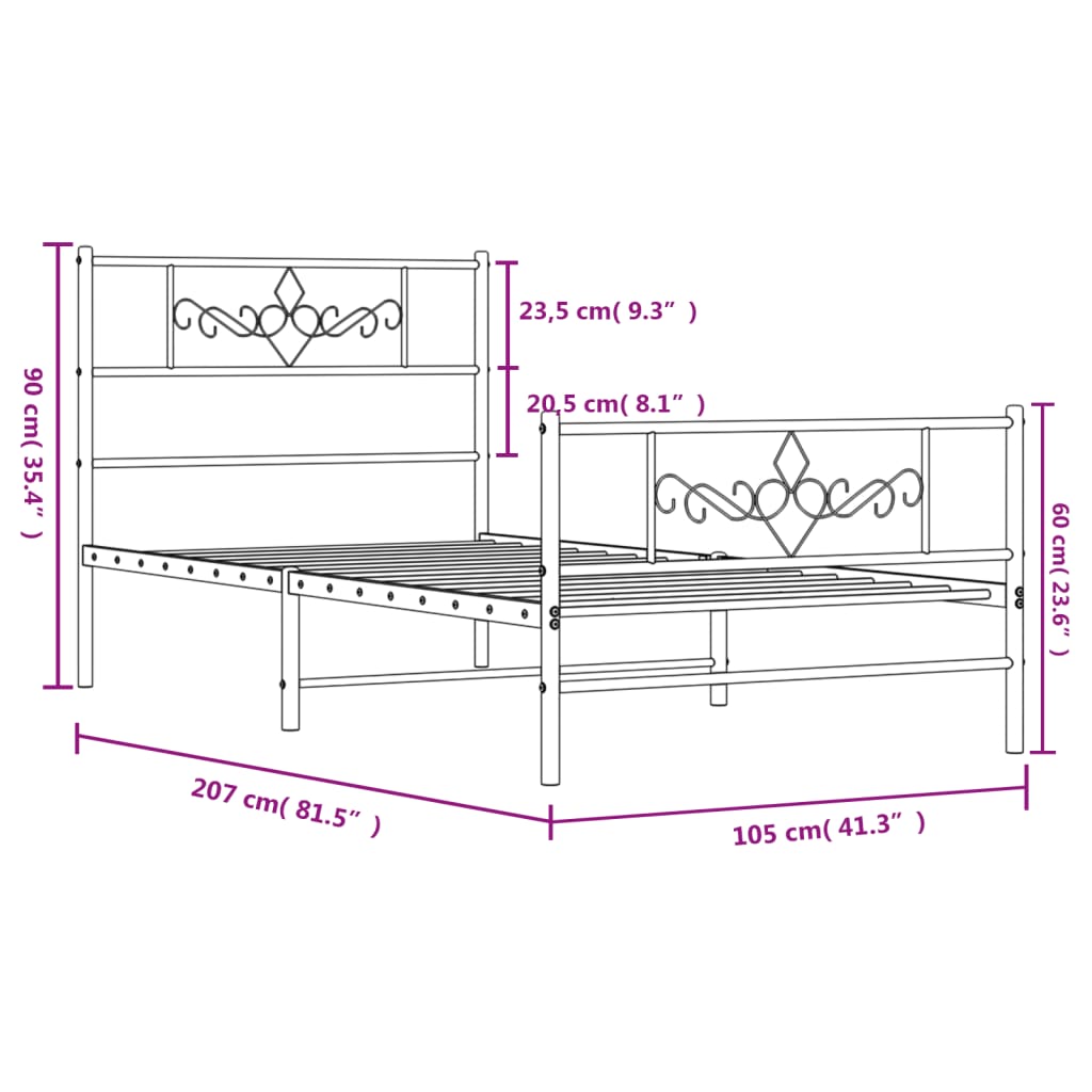 vidaXL Metalni okvir kreveta uzglavlje i podnožje bijeli 100x200 cm