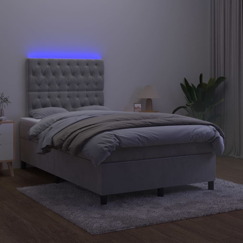 vidaXL Krevet box spring s madracem LED svjetlosivi 120x200 cm baršun