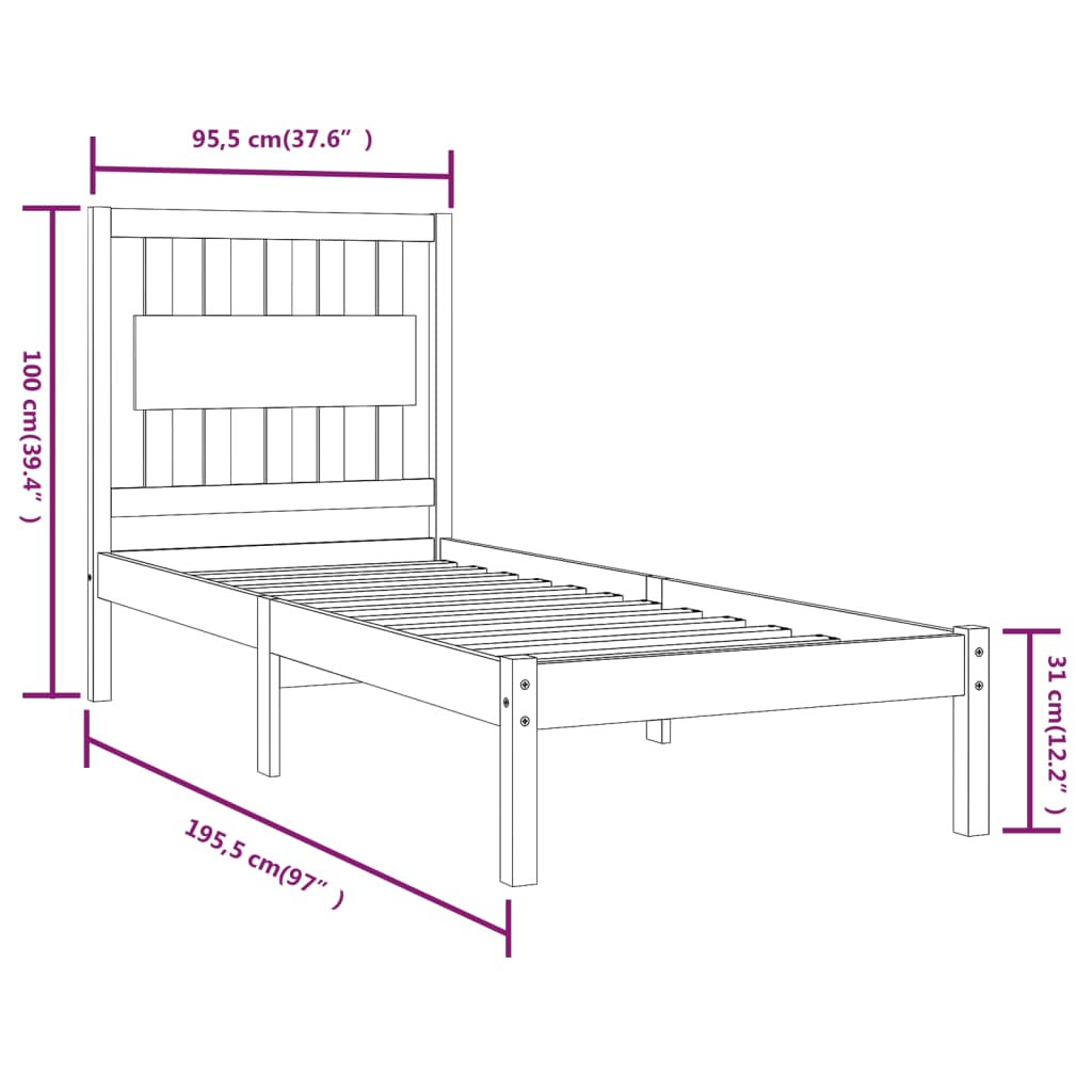 vidaXL Okvir za krevet od borovine crni 90 x 190 cm 3FT jednokrevetni