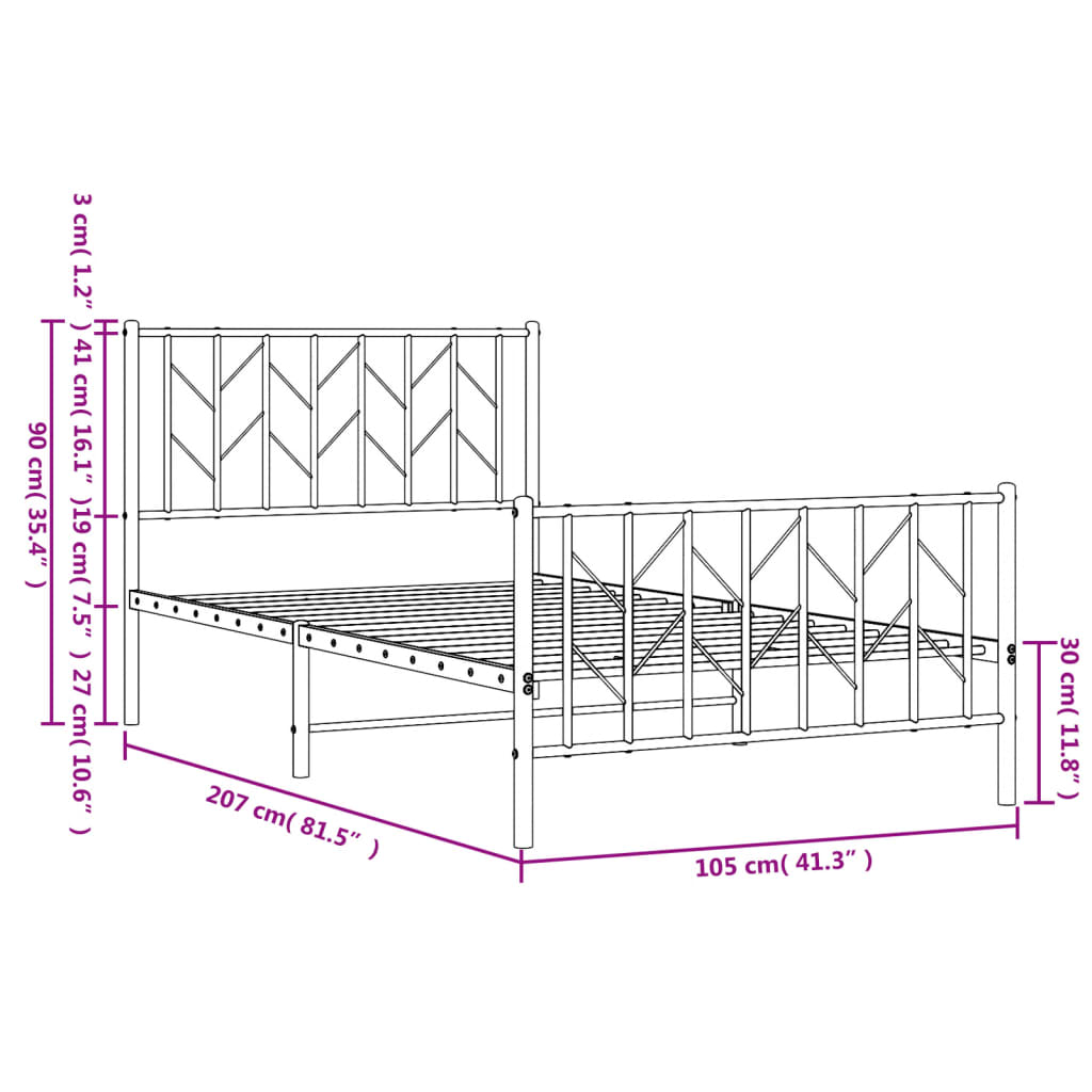 vidaXL Metalni okvir kreveta uzglavlje i podnožje crni 100x200 cm