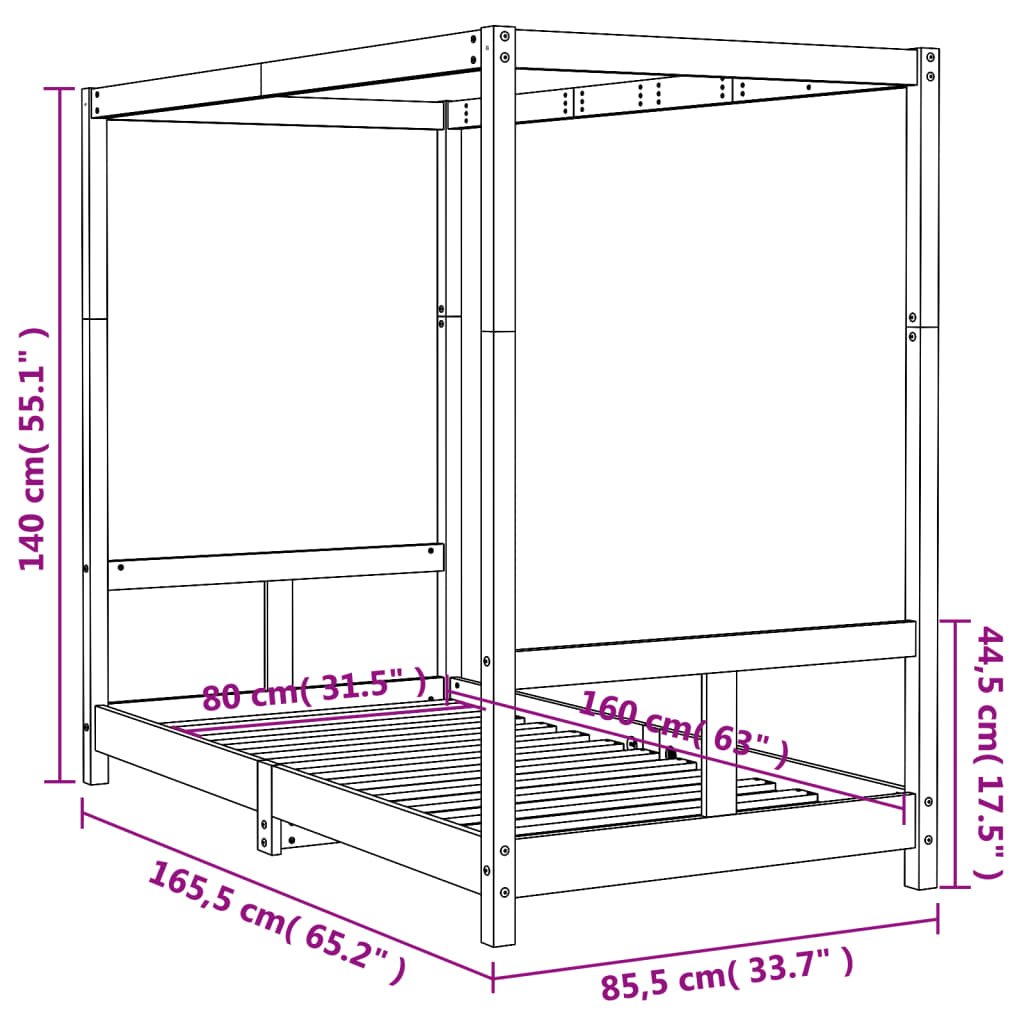 vidaXL Okvir za dječji krevet crni 80 x 160 cm od masivne borovine