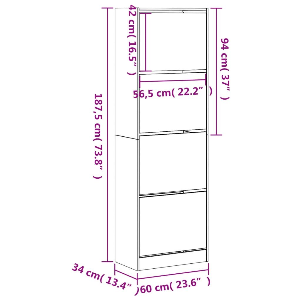 vidaXL Ormarić za cipele s 4 preklopne ladice crni 60 x 34 x 187,5 cm