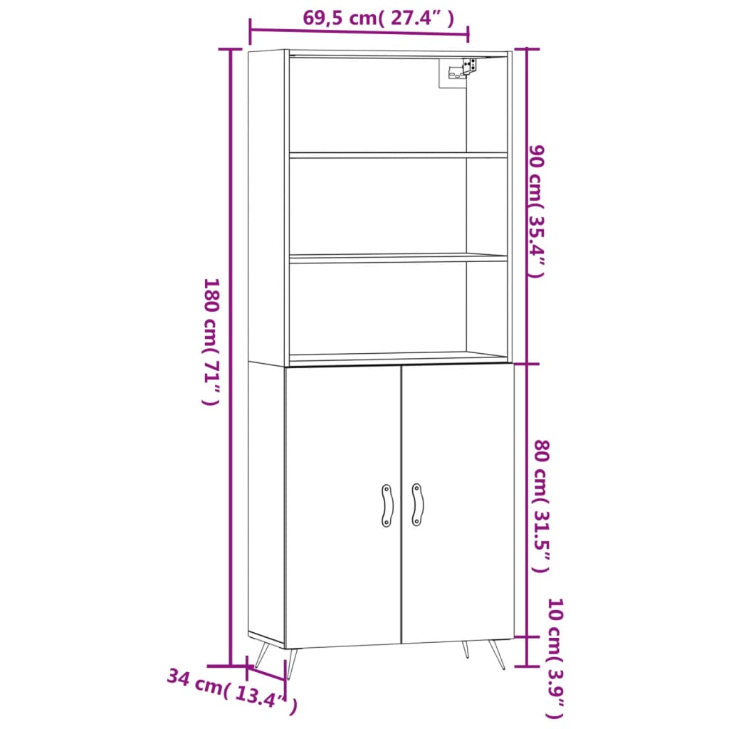 vidaXL Visoka komoda siva betona 69,5x34x180 cm od konstruiranog drva