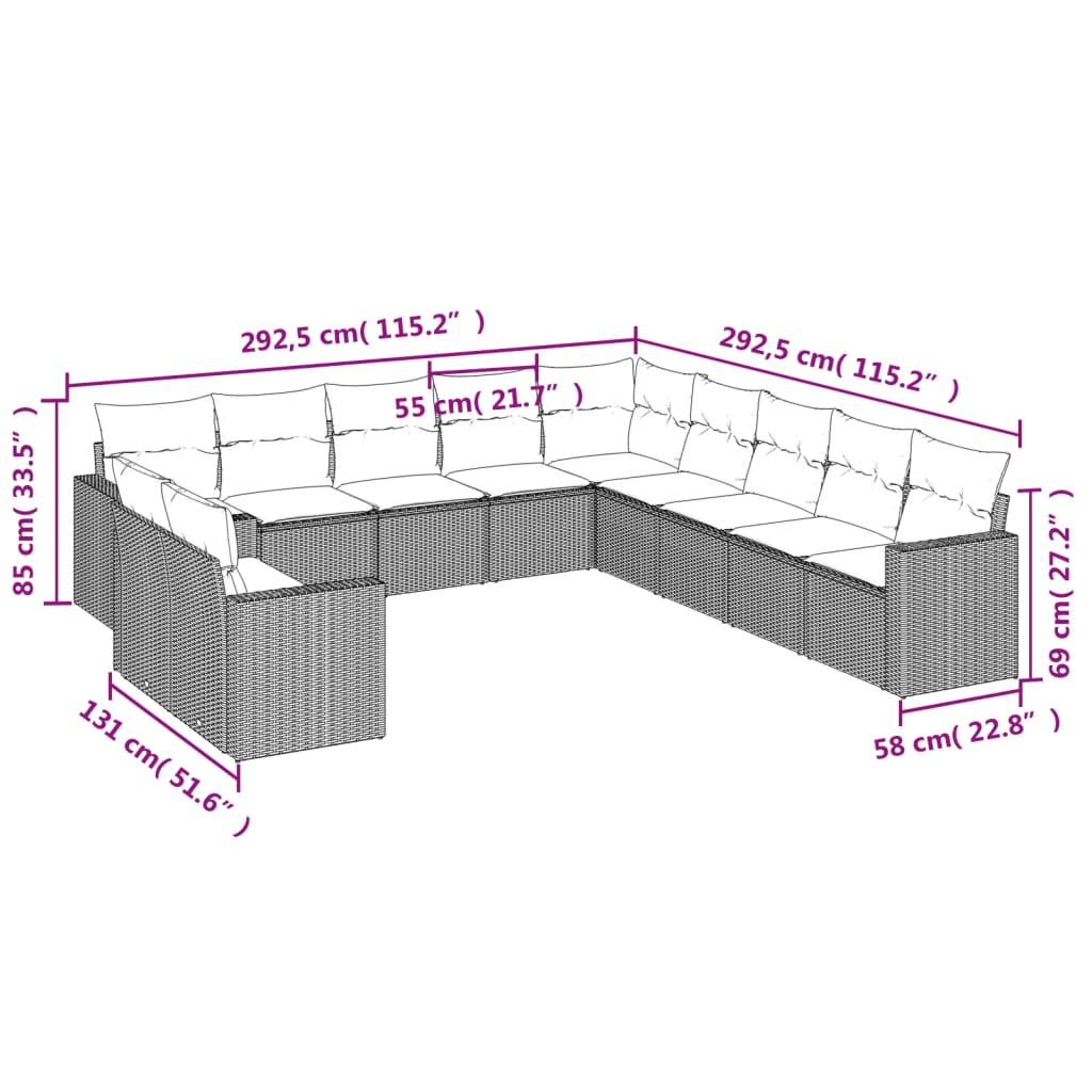 vidaXL 11-dijelni set vrtnih sofa od poliratana s jastucima crni