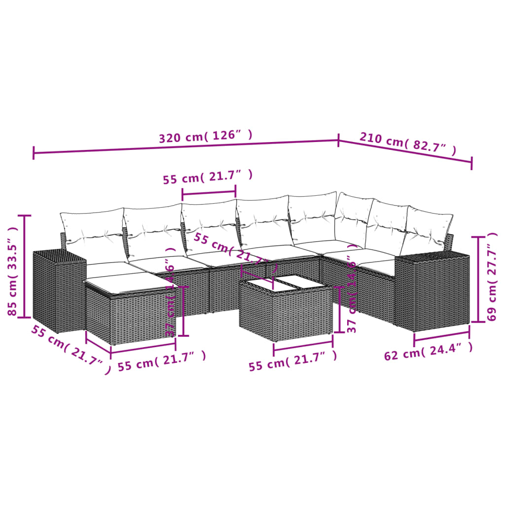 vidaXL 9-dijelni set vrtnih sofa s jastucima crni od poliratana