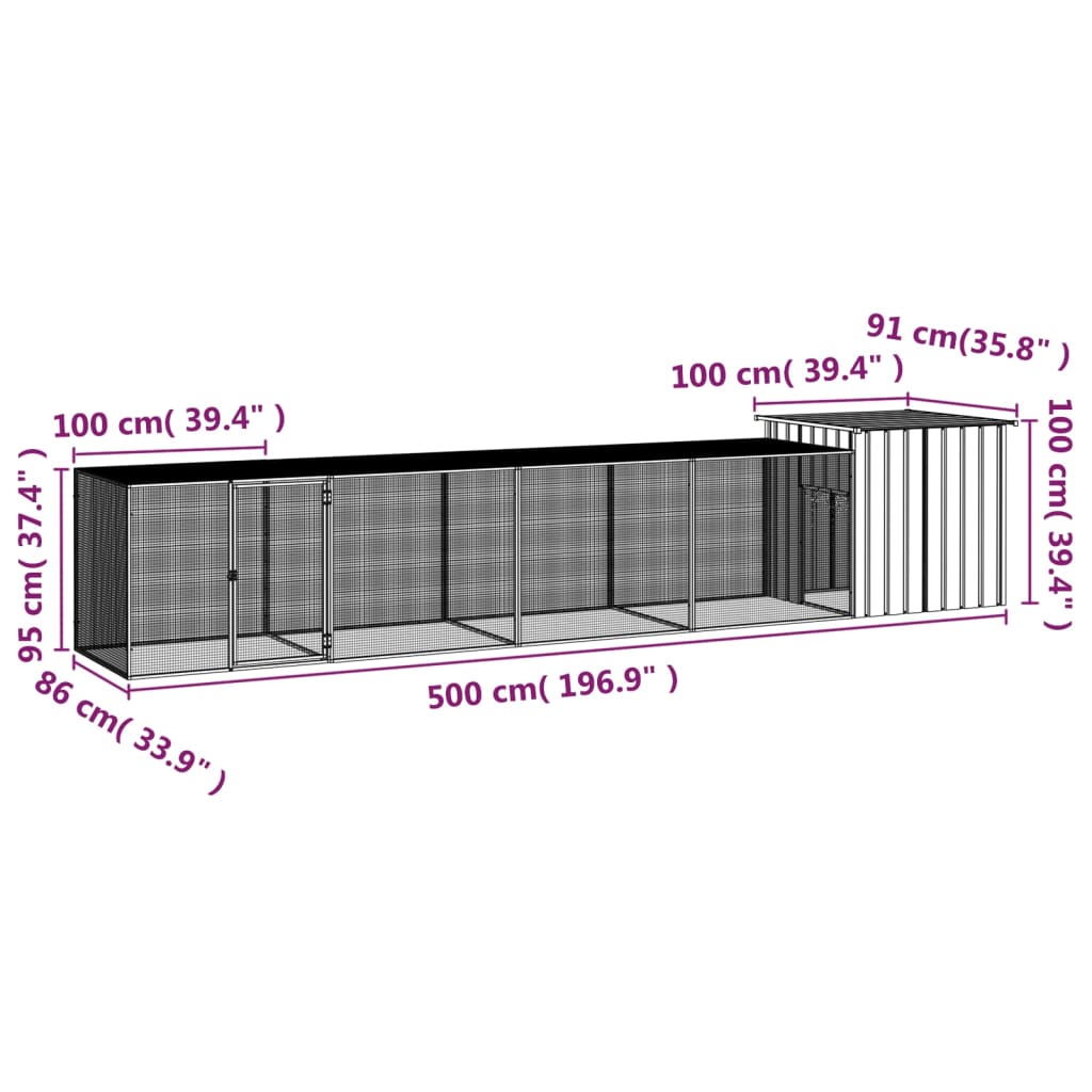 vidaXL Kavez za kokoši sivi 500x91x100 cm od pocinčanog čelika