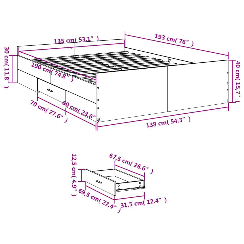 vidaXL Okvir kreveta s ladicama crni 135 x 190 cm konstruirano drvo