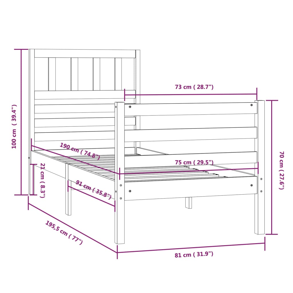 vidaXL Okvir za krevet od masivnog drva 75 x 190 cm mali