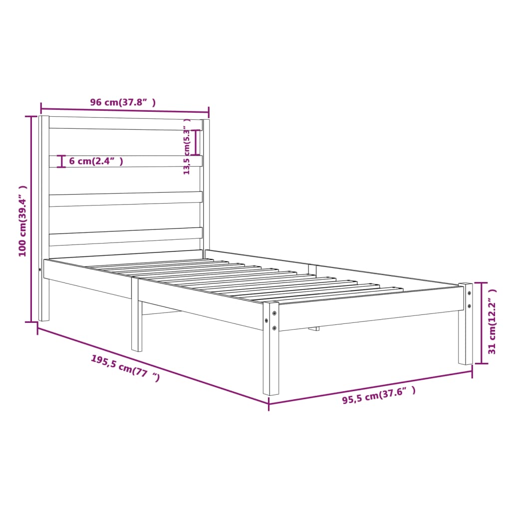 vidaXL Okvir za krevet crni masivno drvo 90 x 190 cm 3FT jednokrevetni