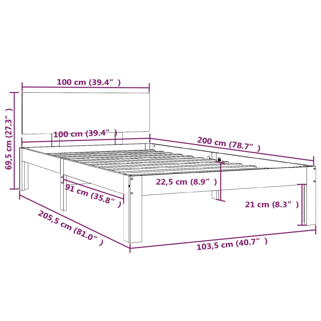 vidaXL Okvir za krevet od masivne borovine sivi 100 x 200 cm