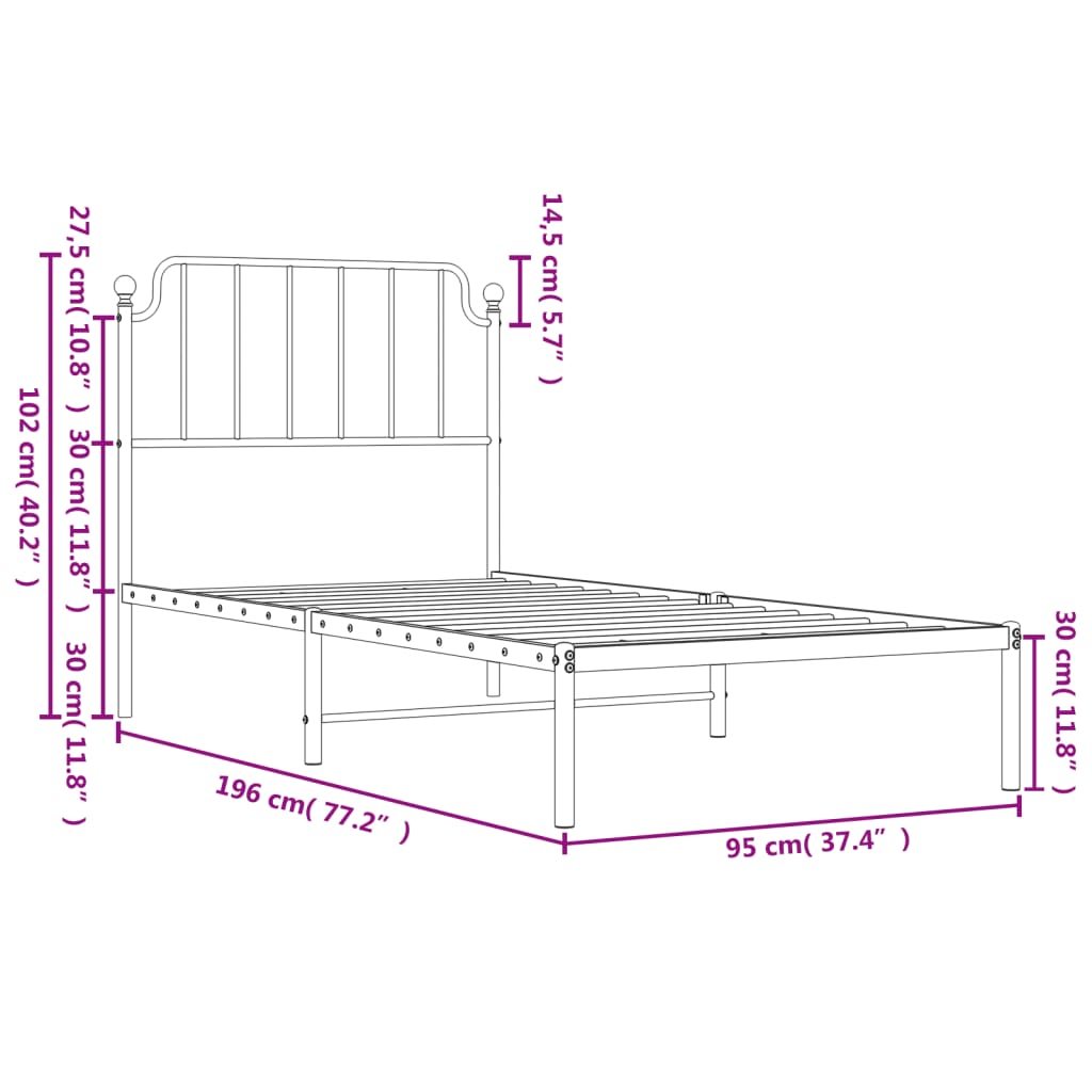 vidaXL Metalni okvir za krevet s uzglavljem bijeli 90 x 190 cm