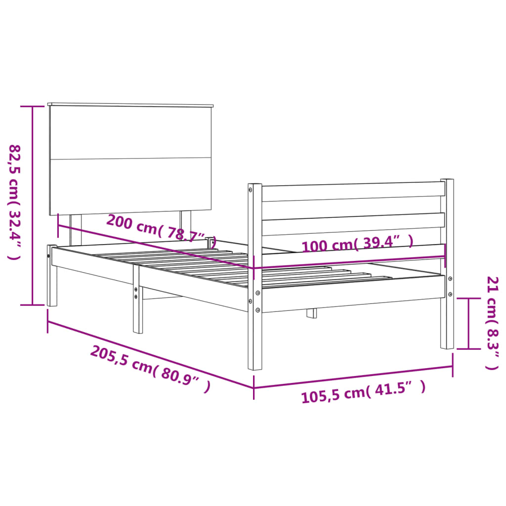 vidaXL Okvir za krevet s uzglavljem crna 100x200 cm od masivnog drva