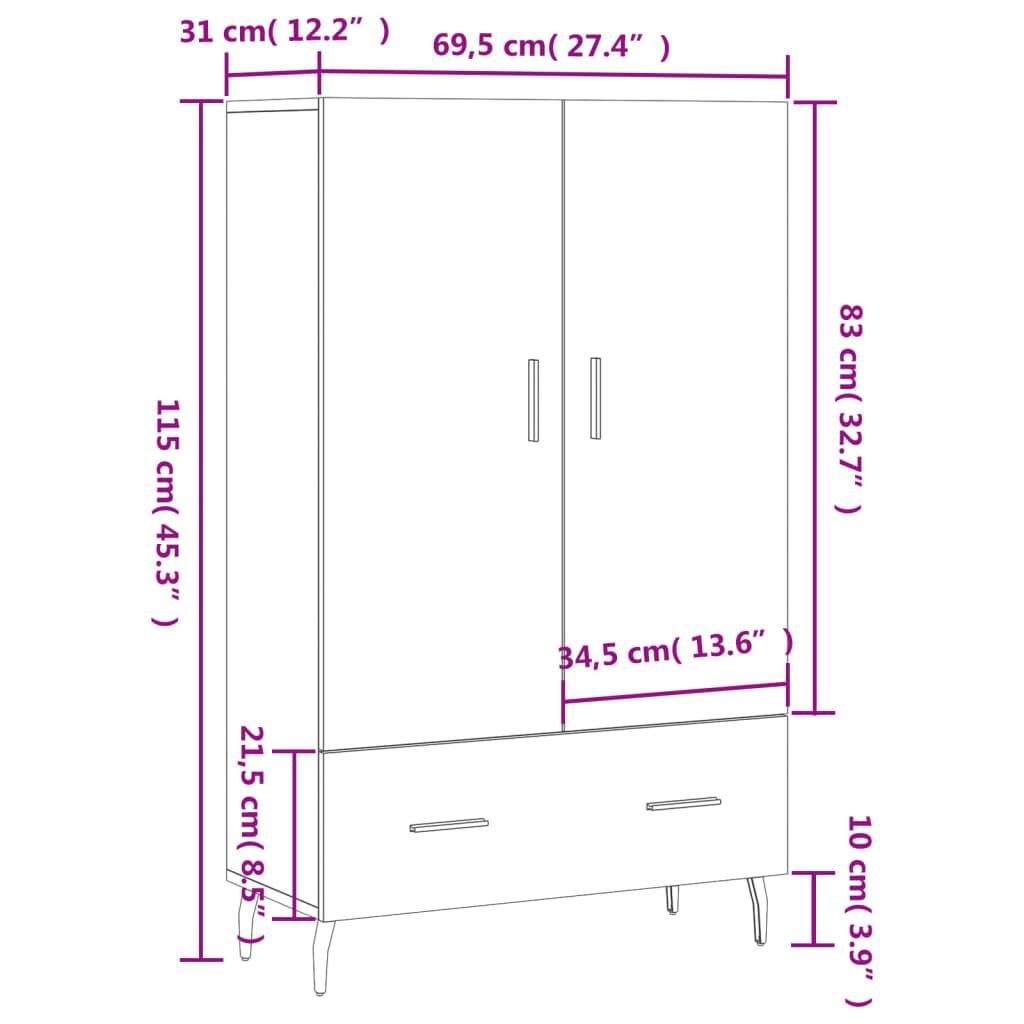 vidaXL Visoka komoda bijela 69,5 x 31 x 115 cm od konstruiranog drva