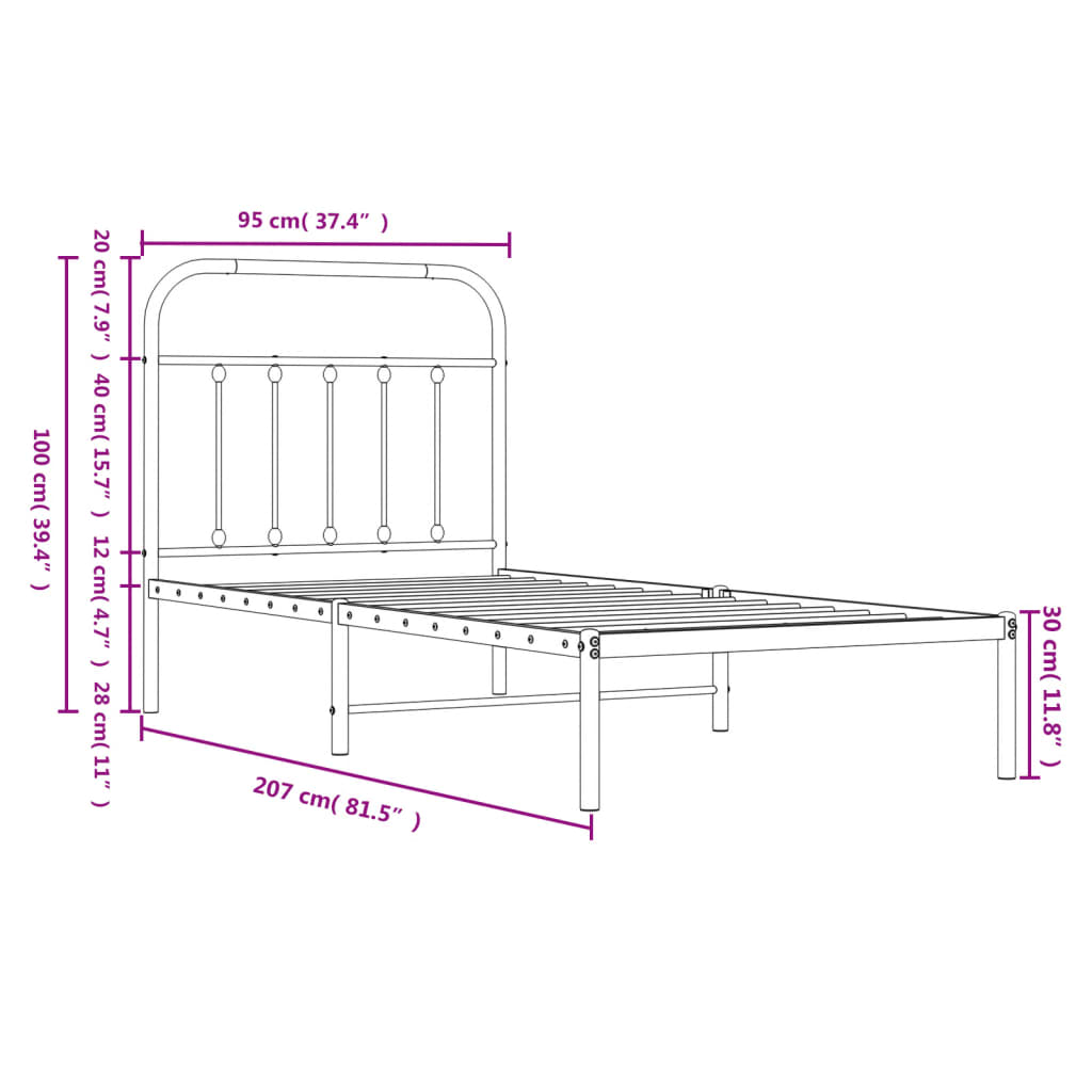 vidaXL Metalni okvir za krevet s uzglavljem crni 90x200 cm