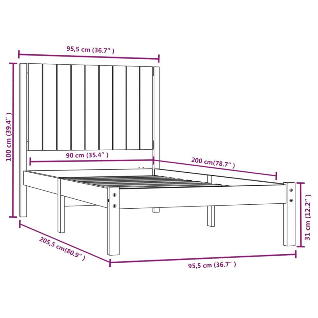 vidaXL Okvir za krevet od masivne borovine sivi 90 x 200 cm