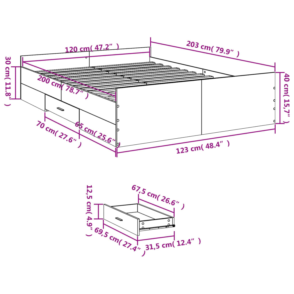 vidaXL Okvir za krevet s ladicama boja hrasta 120x200 cm drveni